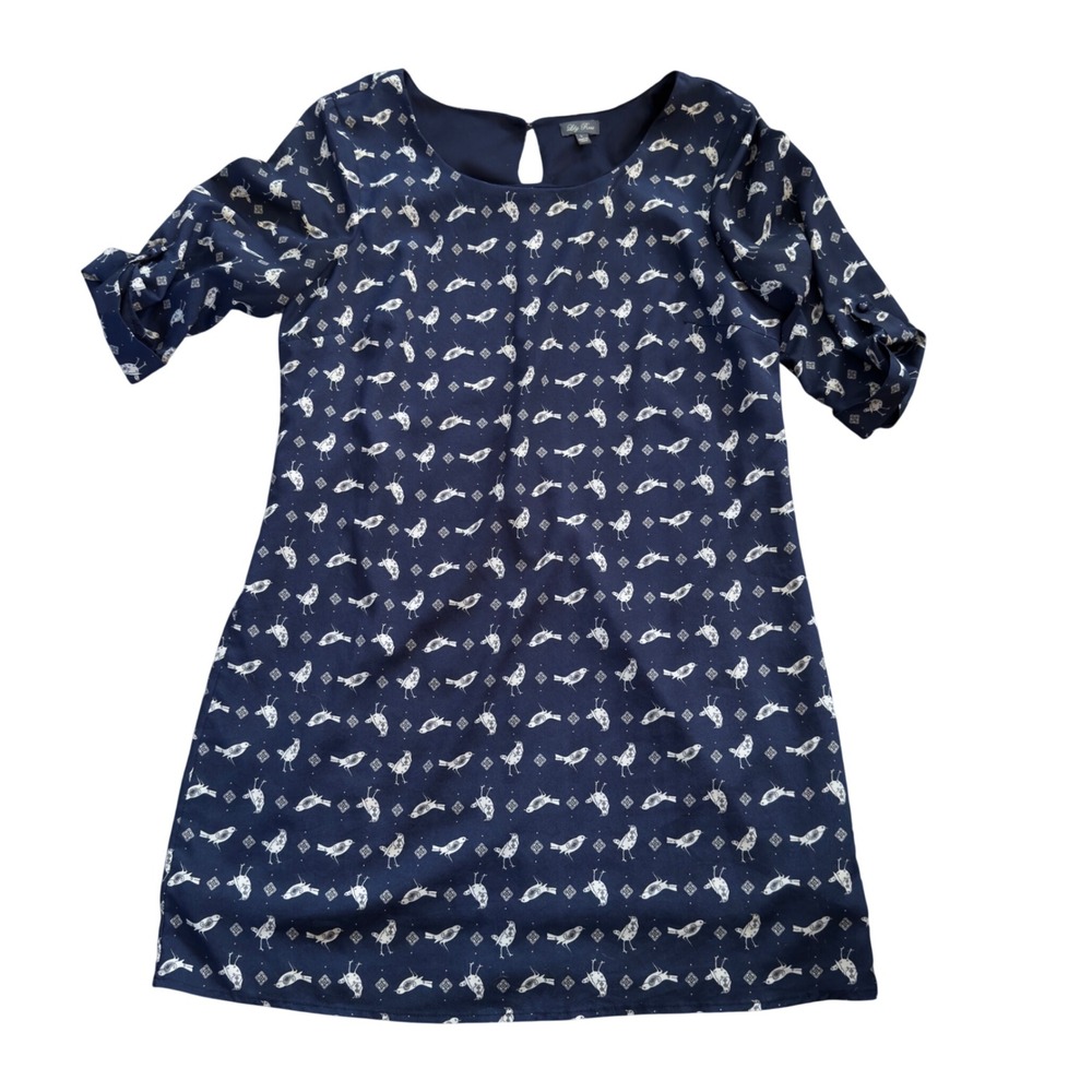 Lily Rose Navy Blue Bird Print Shift Dress Short Tab Sleeve Keyhole Back Large